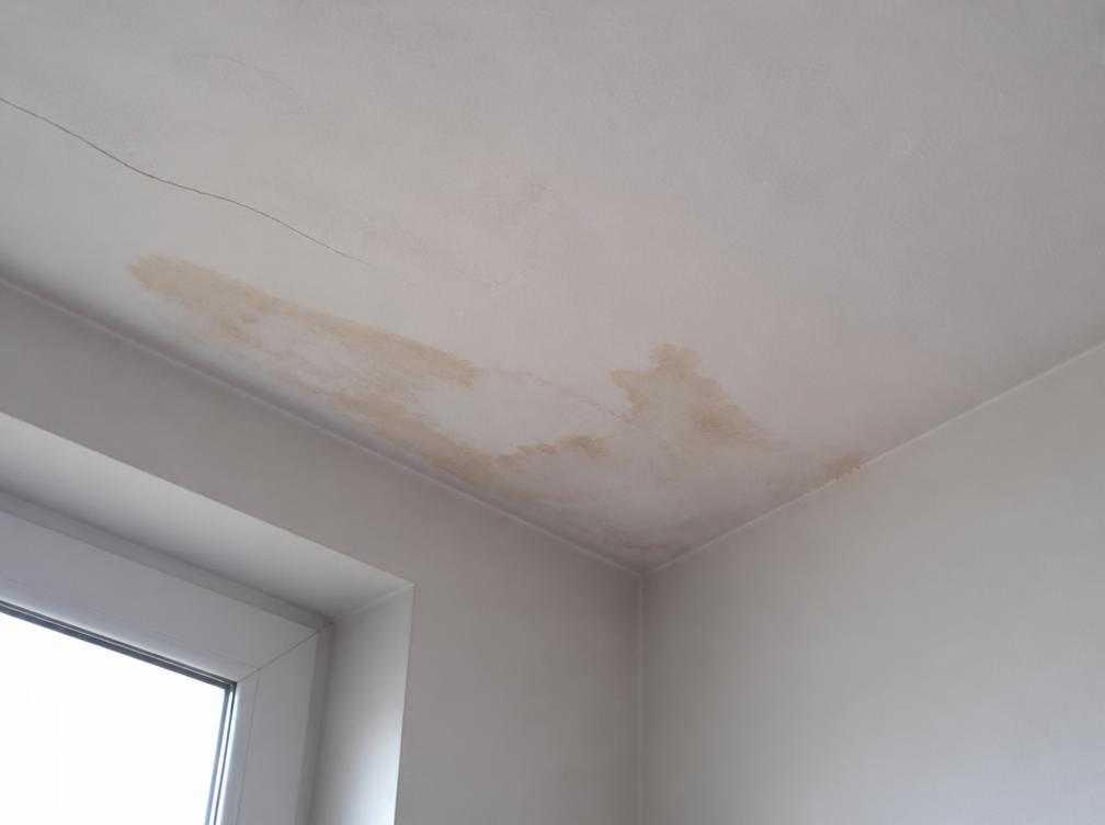 Auckland ceiling before repair showing a brown water stain and hairline plaster crack near the window
