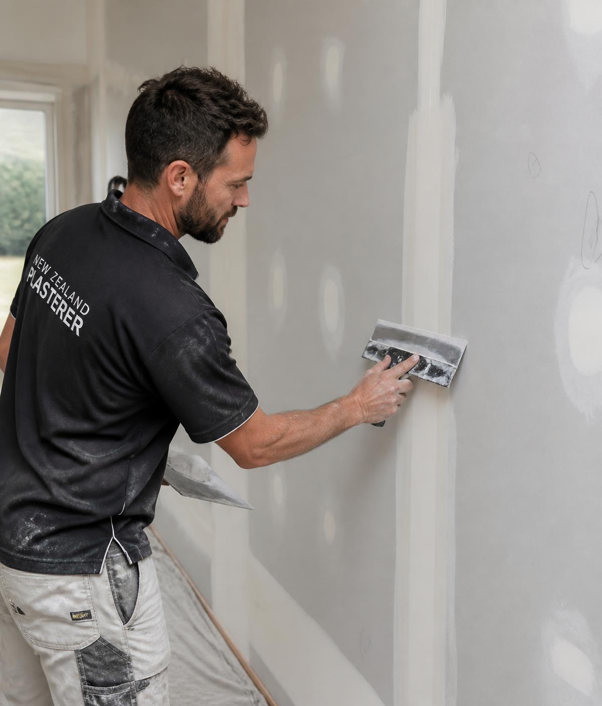 Auckland plasterer applying GIB stopping compound to a plasterboard join with a taping knife