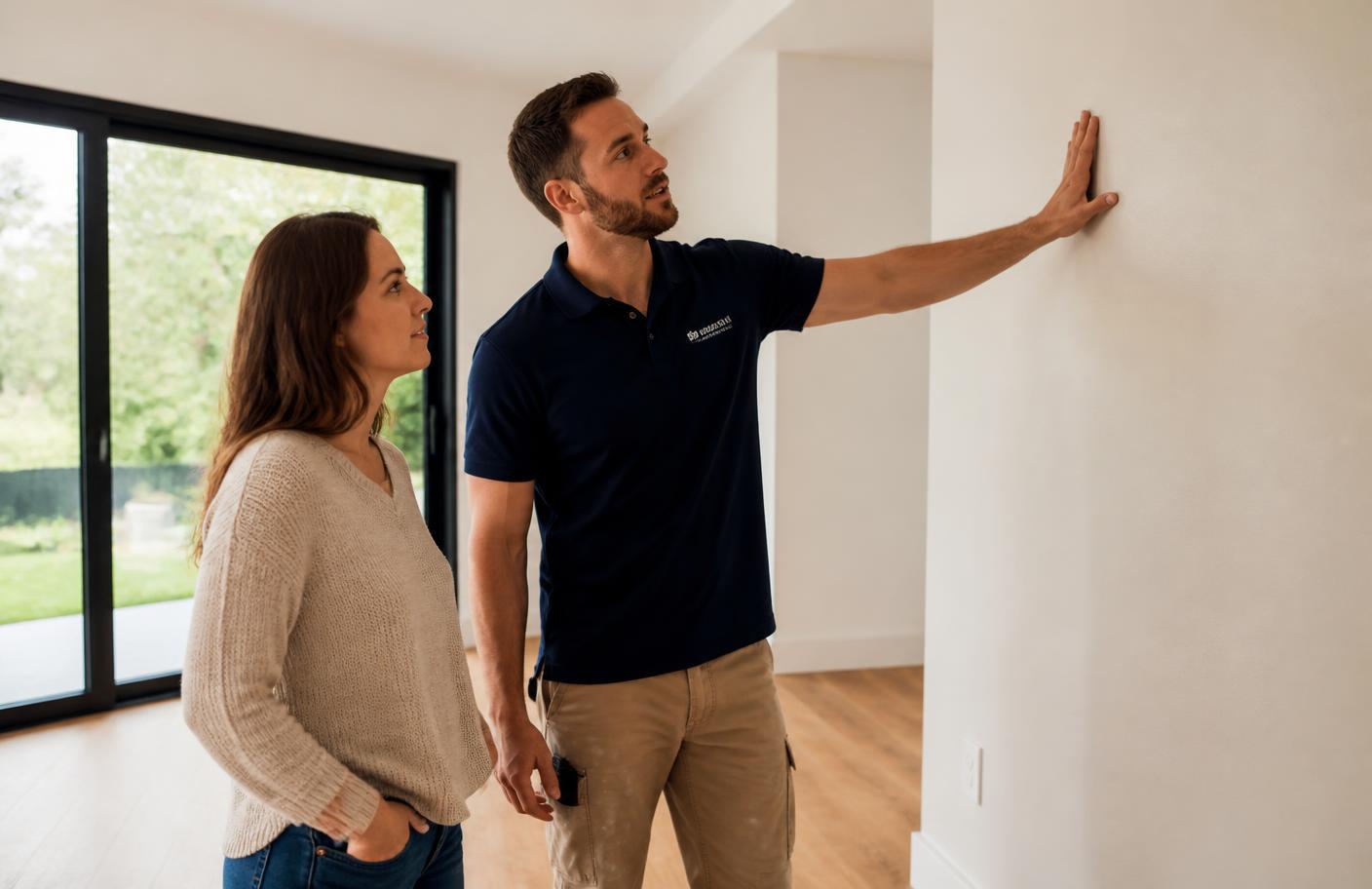 TradePlus tradesperson walking an Auckland homeowner through a completed wall repair before sign-off